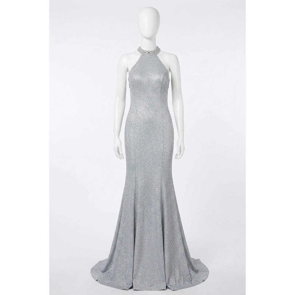 NEW ANGELA & ALISON sequin halter prom dress in silver